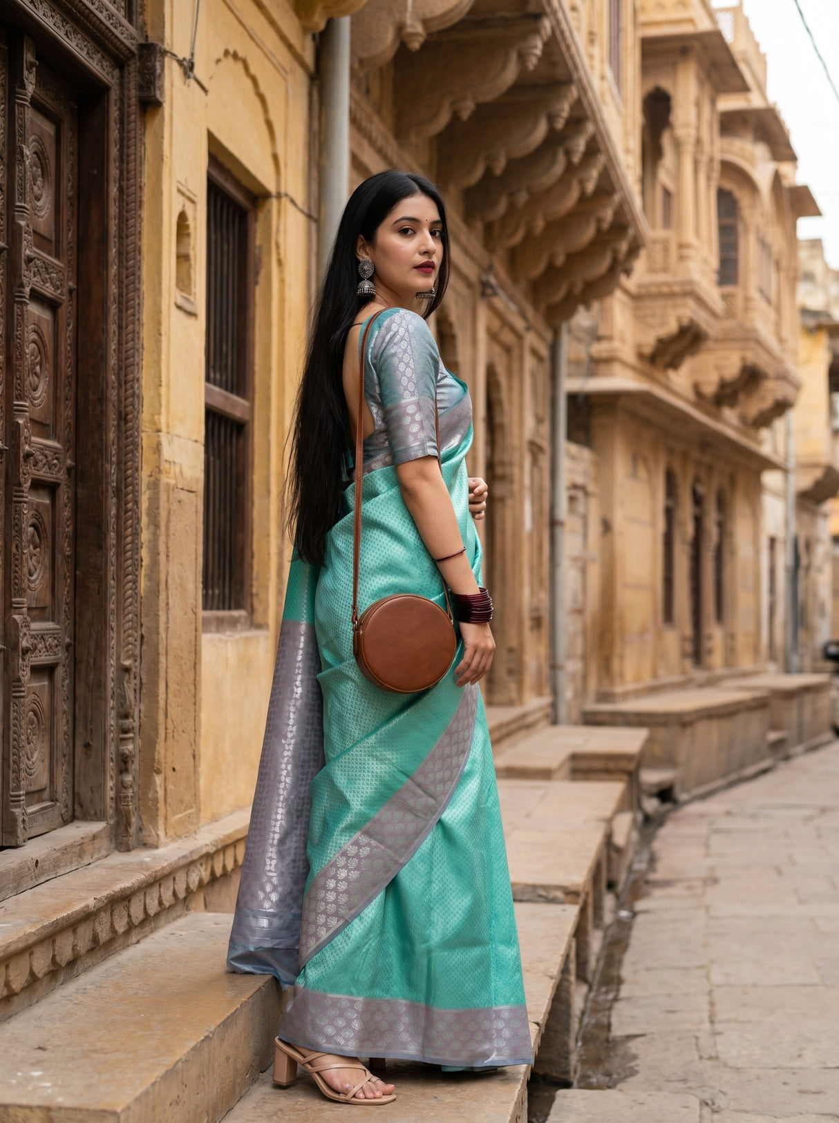 MIMOSA Rama Kanjivaram Art Silk Saree — detail of the saree pleats and border