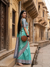 MIMOSA Rama Kanjivaram Art Silk Saree — detail of the saree pleats and border