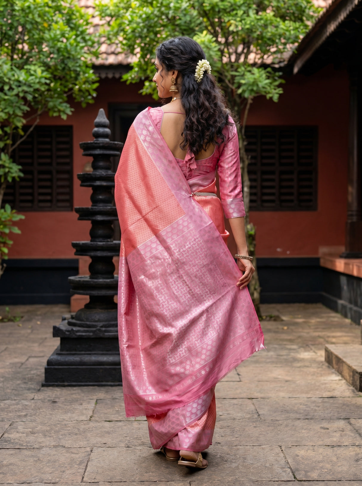 MIMOSA Strawberry Kanjivaram Art Silk Saree — close-up of face and earrings