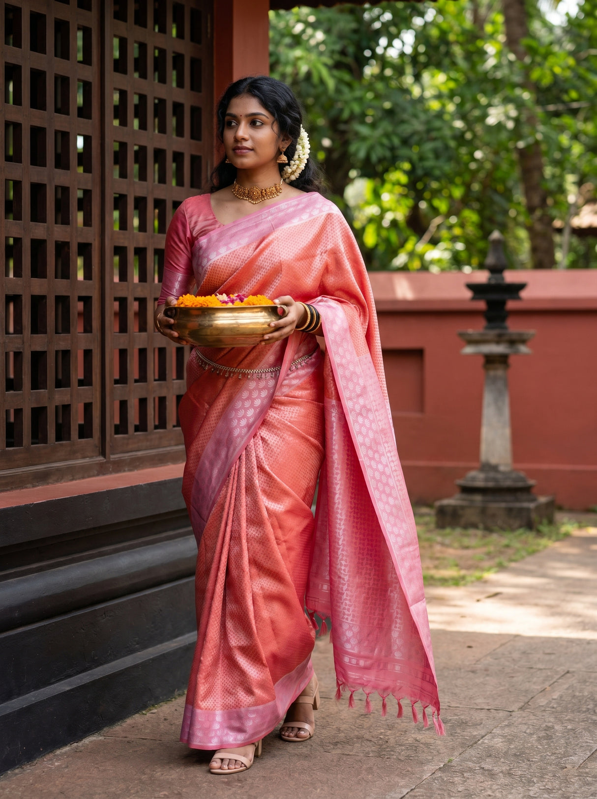 MIMOSA Strawberry Kanjivaram Art Silk Saree — close-up of bangles and bag