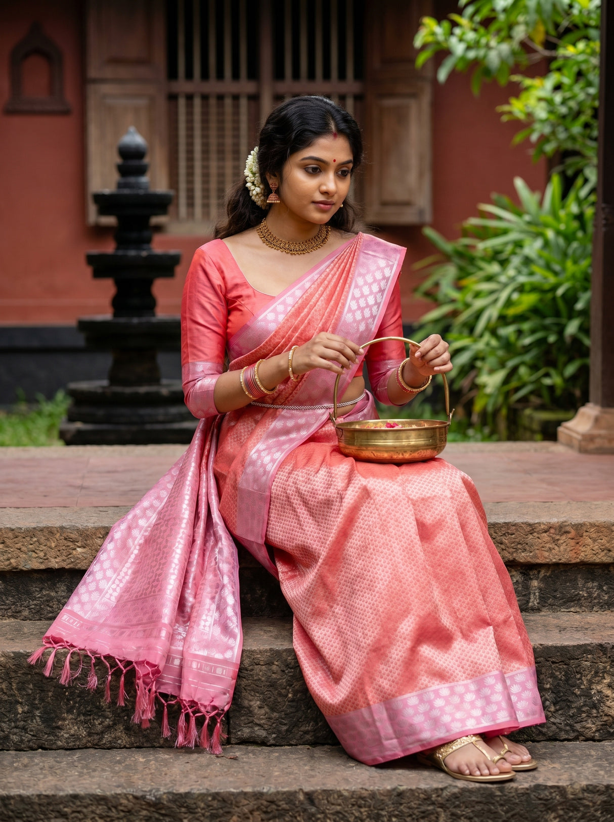 MIMOSA Strawberry Kanjivaram Art Silk Saree — detail of the saree pleats and border