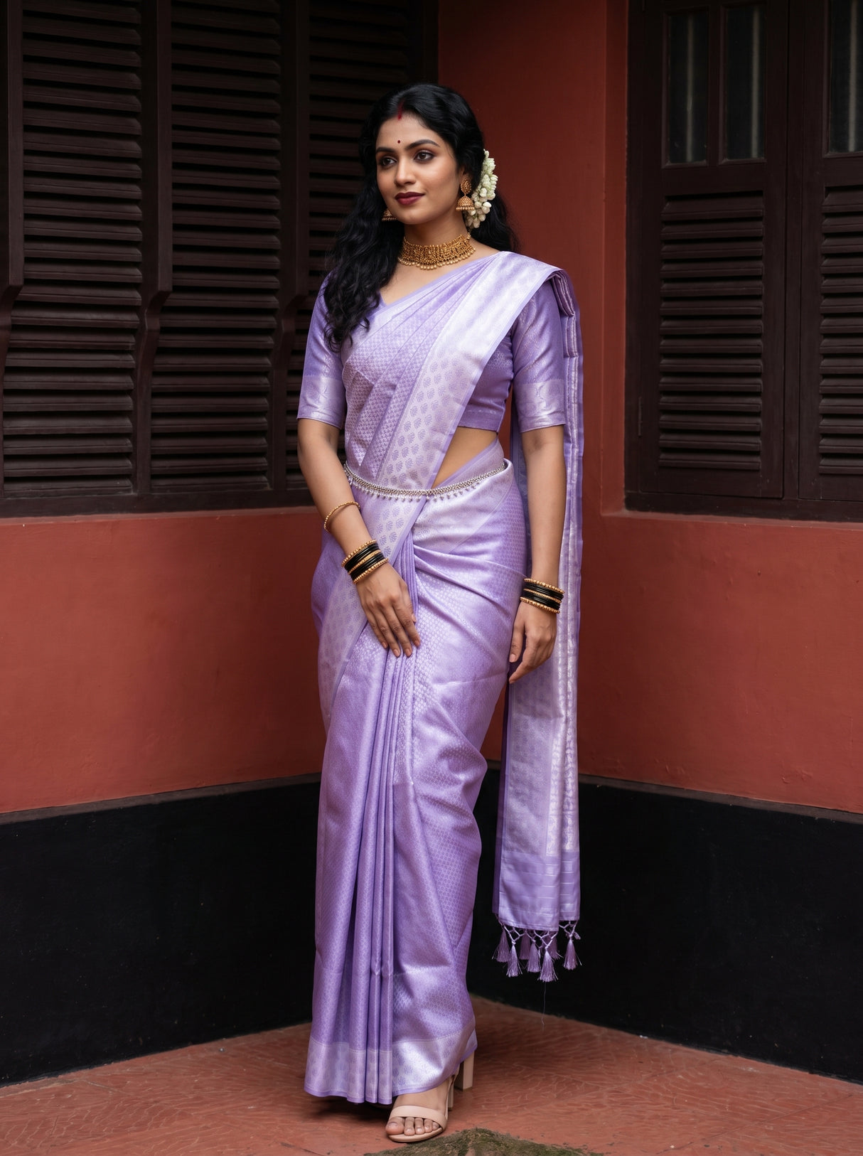 MIMOSA Violet Kanjivaram Art Silk Saree — full length view