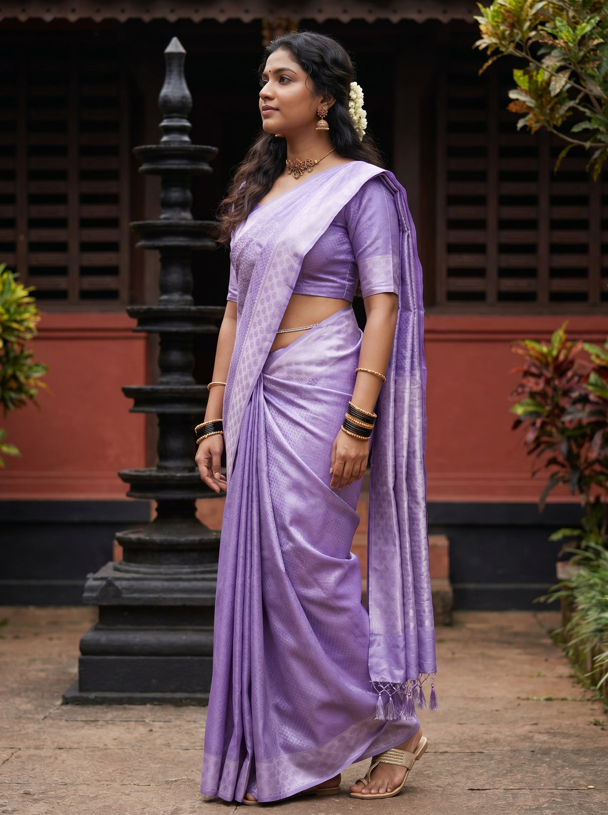 MIMOSA Violet Kanjivaram Art Silk Saree — detail of blouse and shoulder