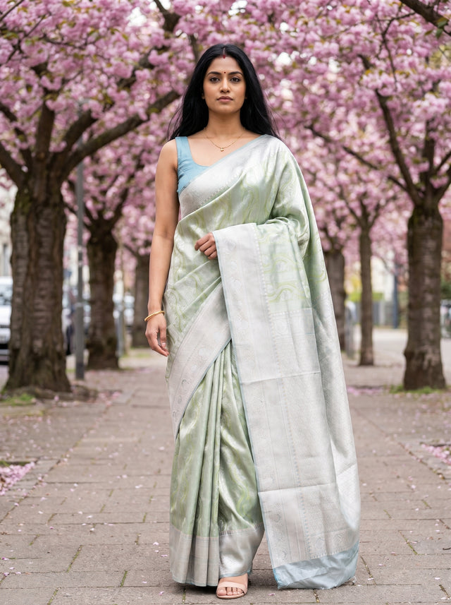 MIMOSA Olive Kanjivaram Art Silk Saree — full length view