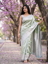 MIMOSA Olive Kanjivaram Art Silk Saree — fabric and weave texture