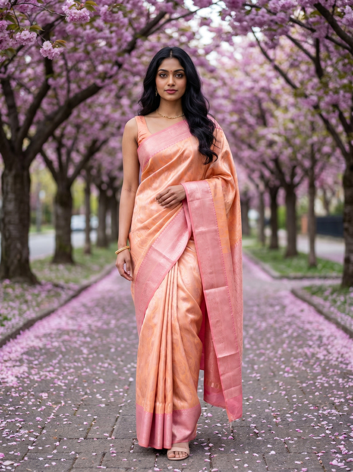 MIMOSA Peach Kanjivaram Art Silk Saree — full length view