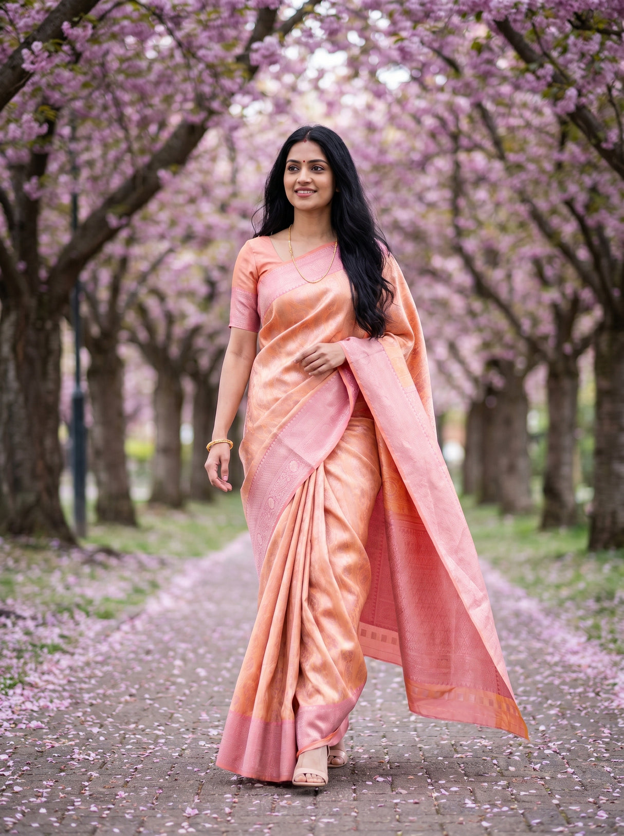 MIMOSA Peach Kanjivaram Art Silk Saree with Pink border — close up