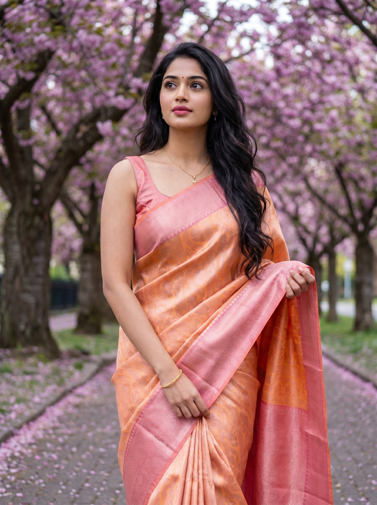MIMOSA Peach Kanjivaram Art Silk Saree — fabric and weave texture