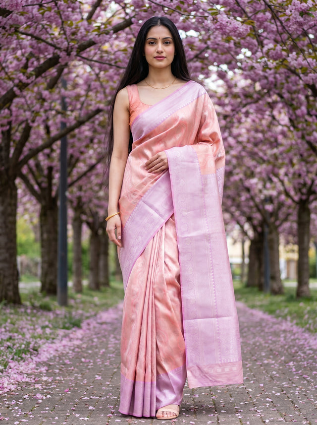 MIMOSA Pink Kanjivaram Art Silk Saree — full length view