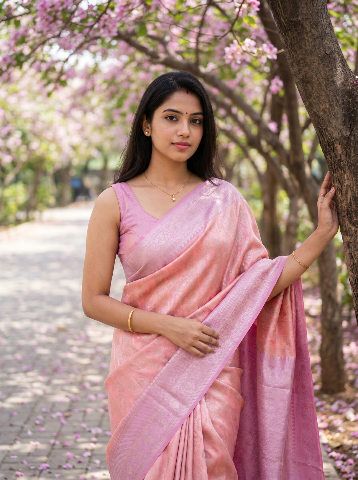 MIMOSA Pink Kanjivaram Art Silk Saree — fabric and weave texture