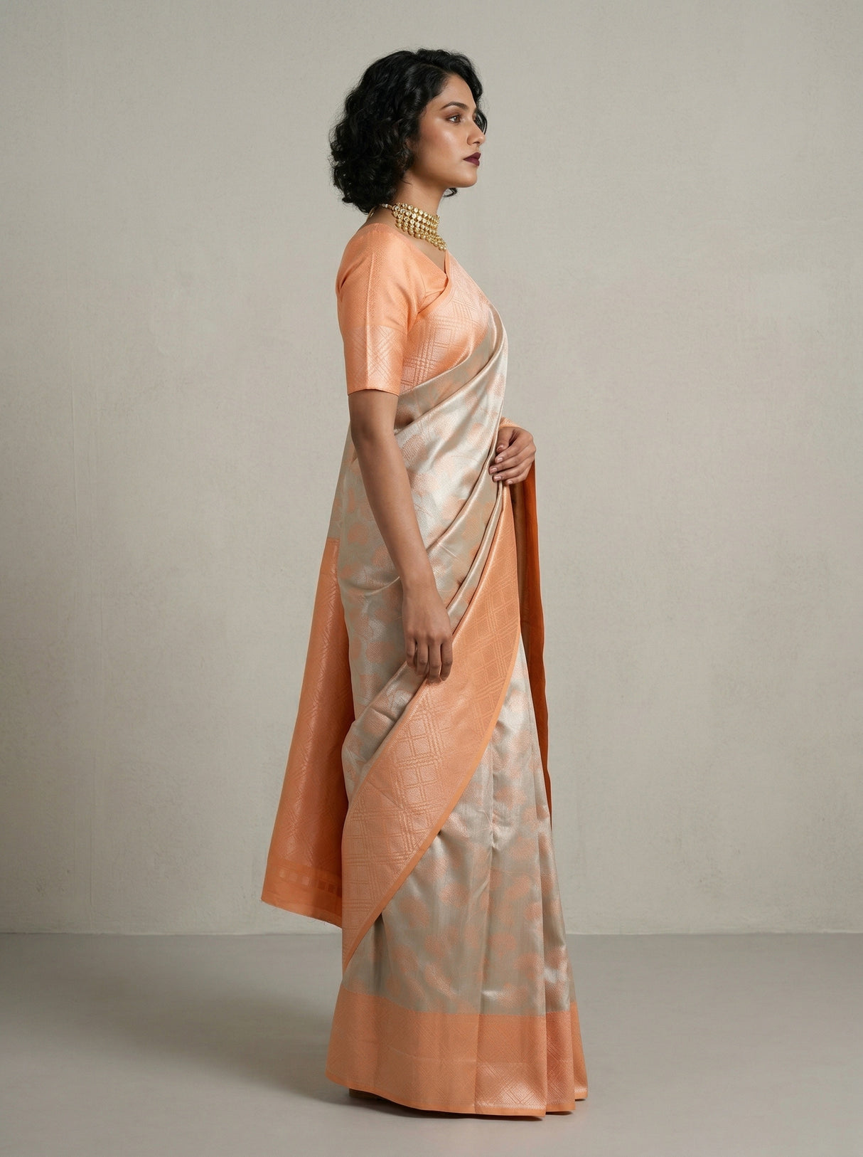 MIMOSA Chikoo Kanjivaram Art Silk Saree — Detail of Border and Pallu