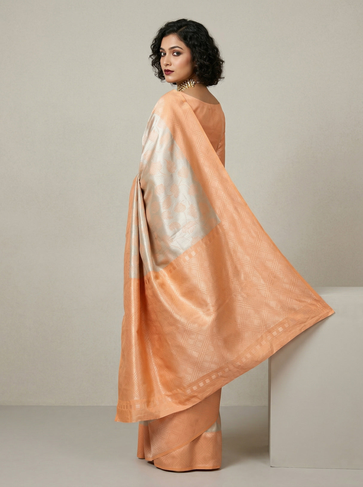 MIMOSA Chikoo Kanjivaram Art Silk Saree — Side View of Drape