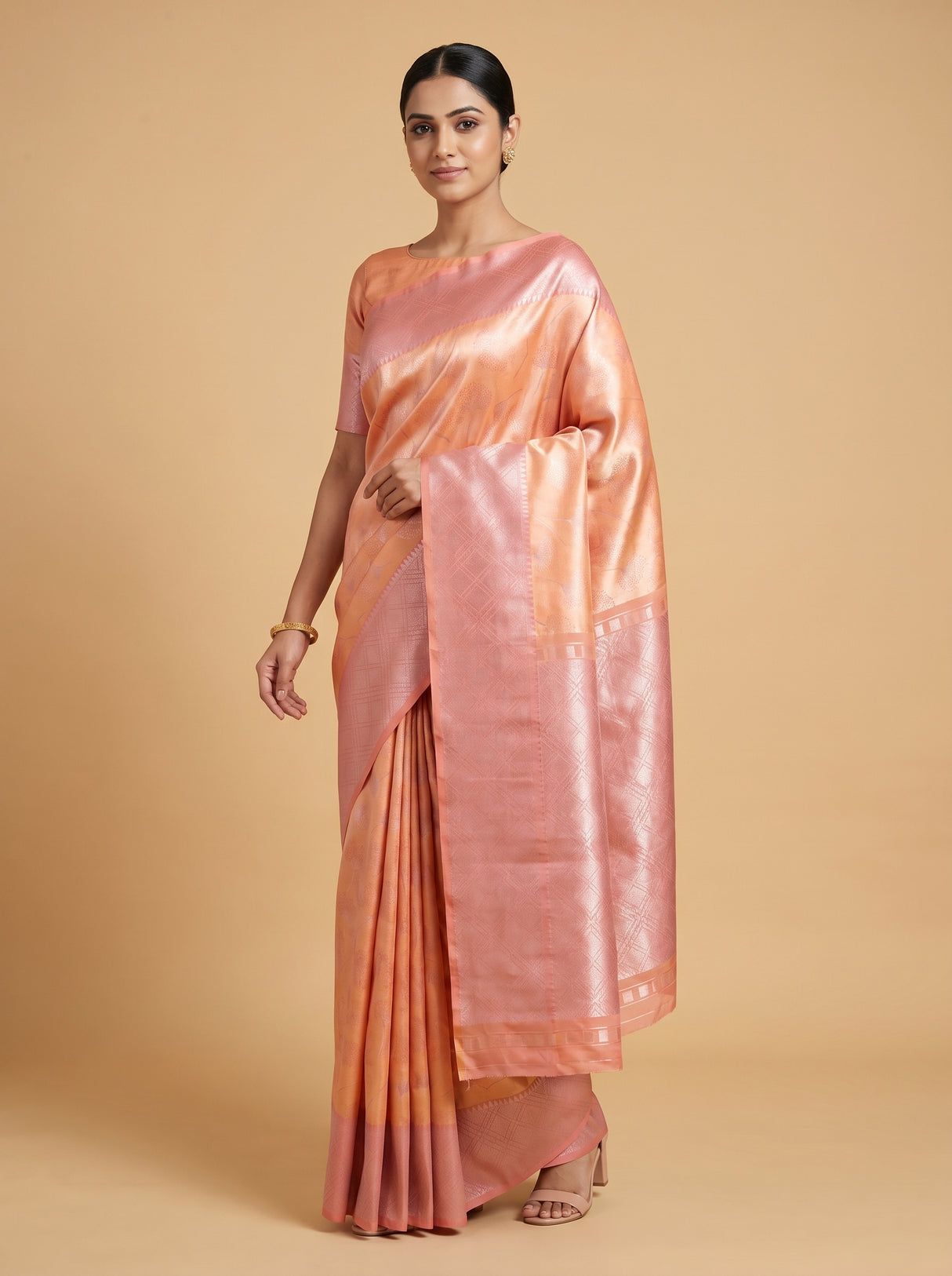 MIMOSA Peach Kanjivaram Art Silk Saree — Side View of Drape