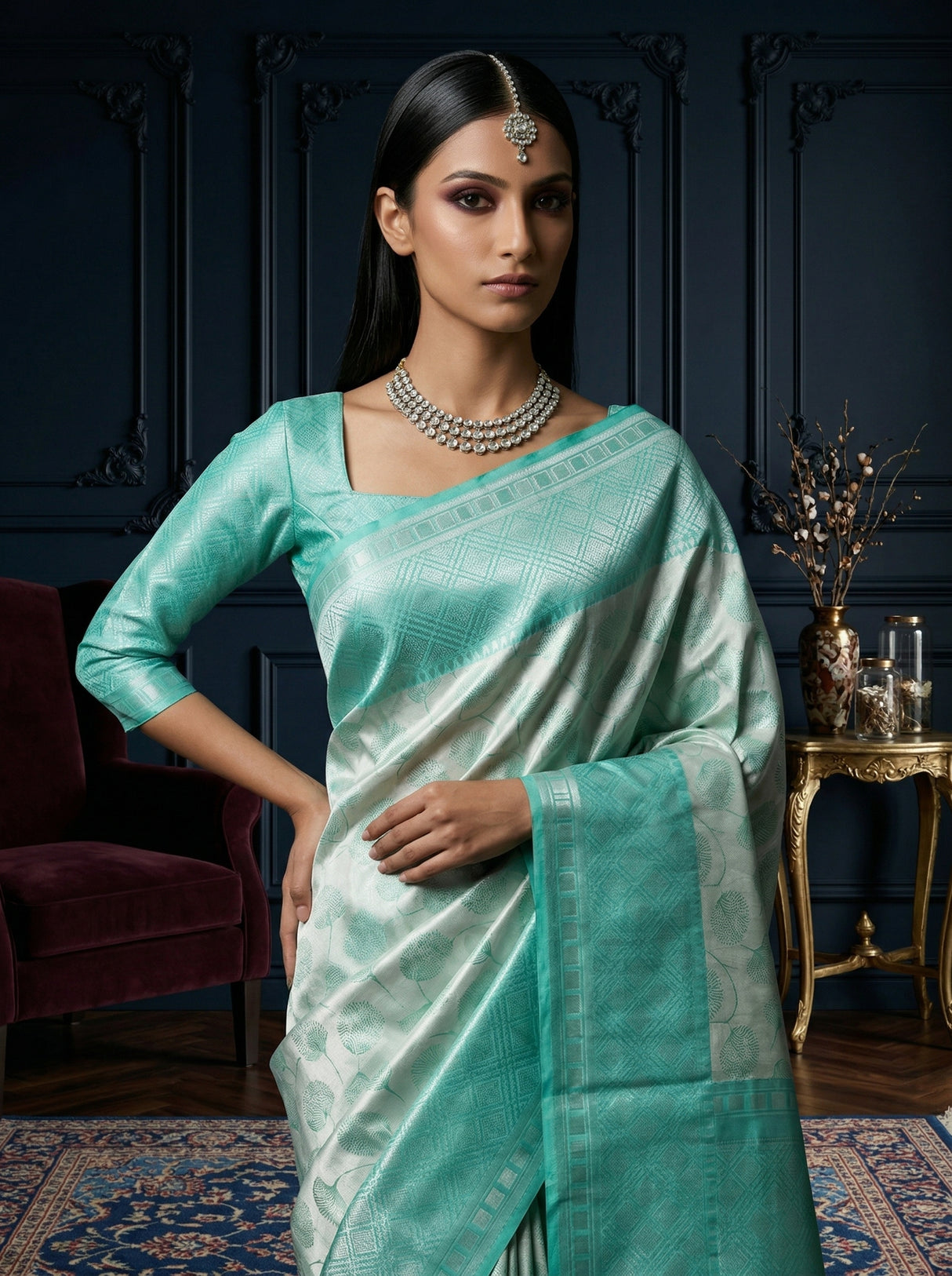 MIMOSA Rama Kanjivaram Art Silk Saree — Side View of Drape