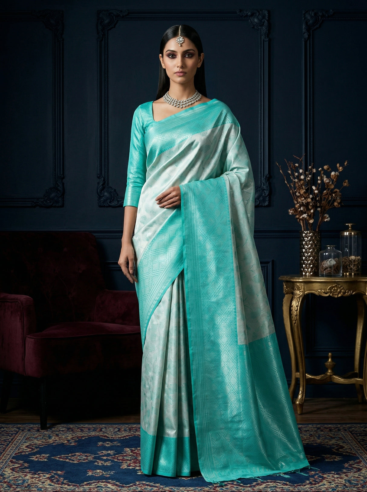 MIMOSA Rama Kanjivaram Art Silk Saree — Close-up of Face and Blouse