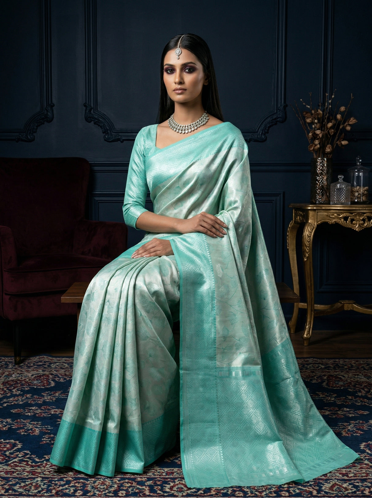 MIMOSA Rama Kanjivaram Art Silk Saree — Detail of Border and Pallu