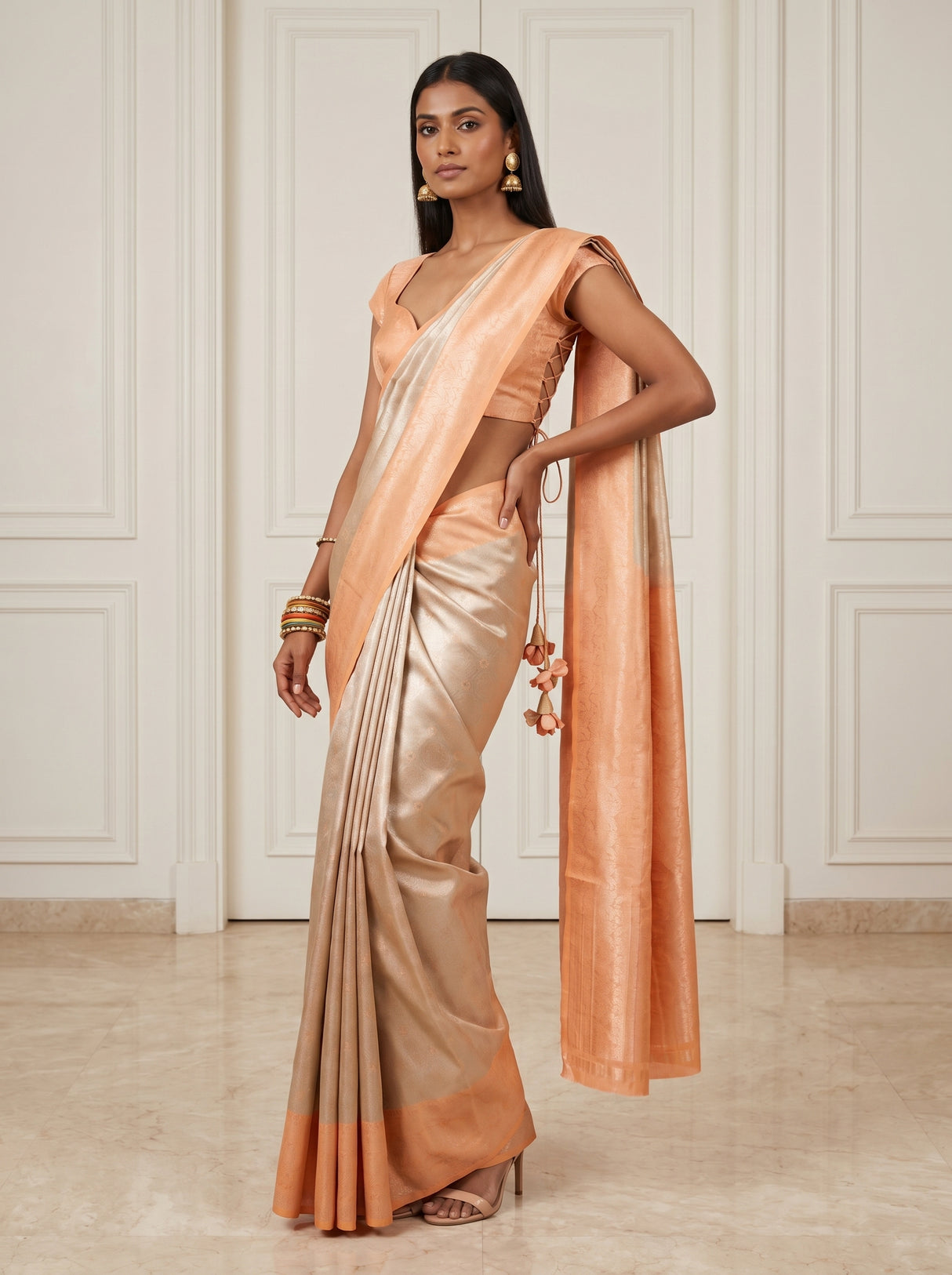 MIMOSA Chikoo Kanjivaram Art Silk Saree — pose 4 styling detail