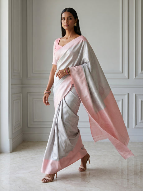 MIMOSA Grey Kanjivaram Art Silk Saree — pose 6 styling detail