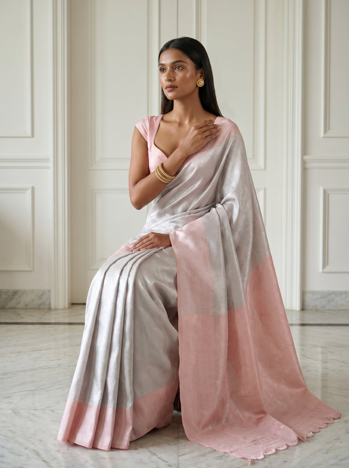 MIMOSA Grey Kanjivaram Art Silk Saree — pose 8 styling detail