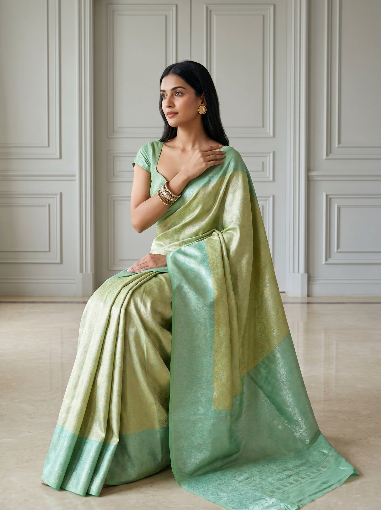 MIMOSA Olive Kanjivaram Art Silk Saree — pose 8 styling detail
