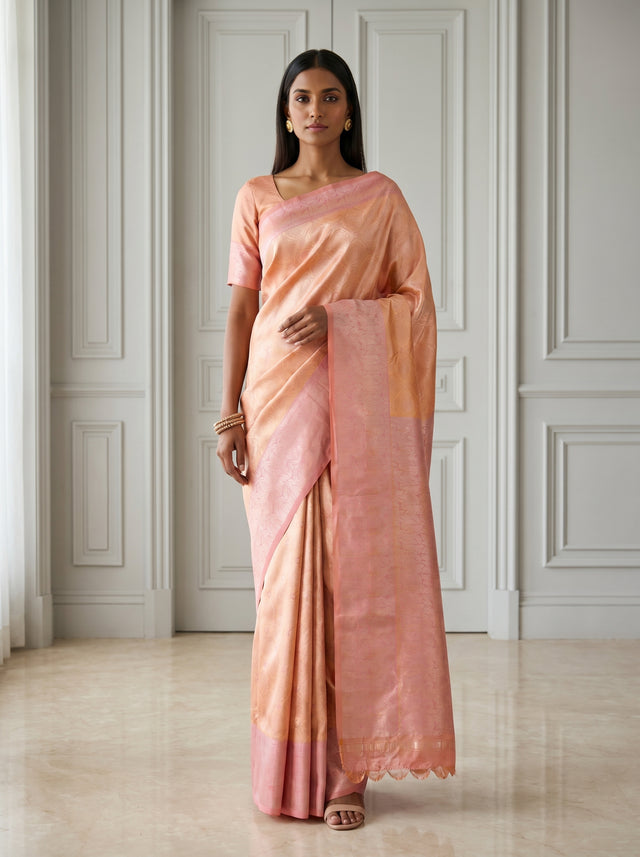 MIMOSA Peach Kanjivaram Art Silk Saree — front view on mannequin