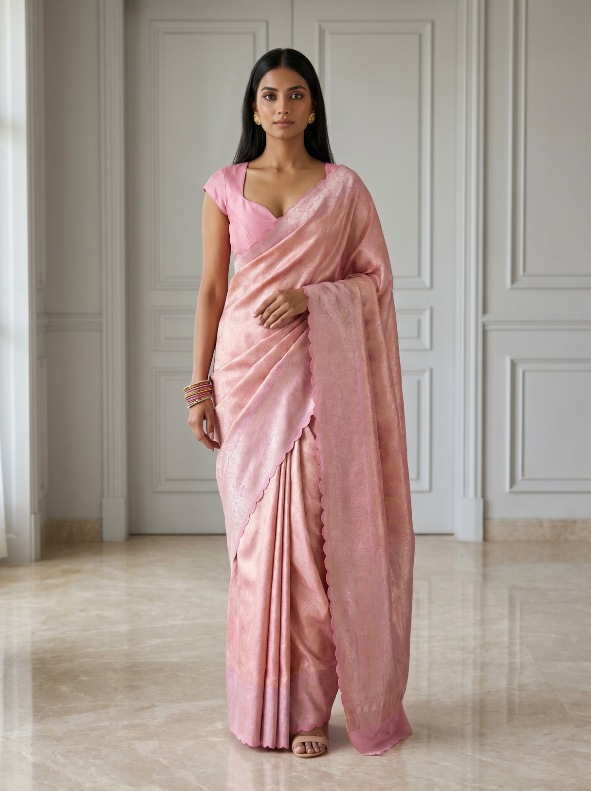 MIMOSA Pink Kanjivaram Art Silk Saree — front view on mannequin