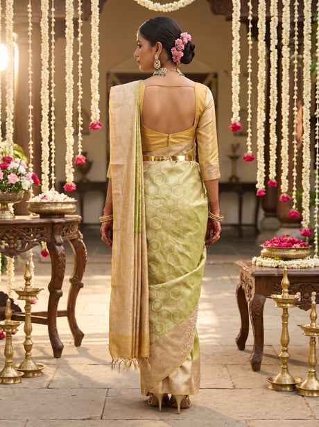 MIMOSA Olive Kanjivaram Art Silk Saree — Close-up of Pallu