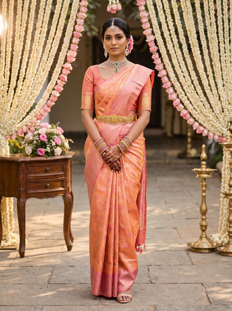 MIMOSA Peach Kanjivaram Art Silk Saree — Full View