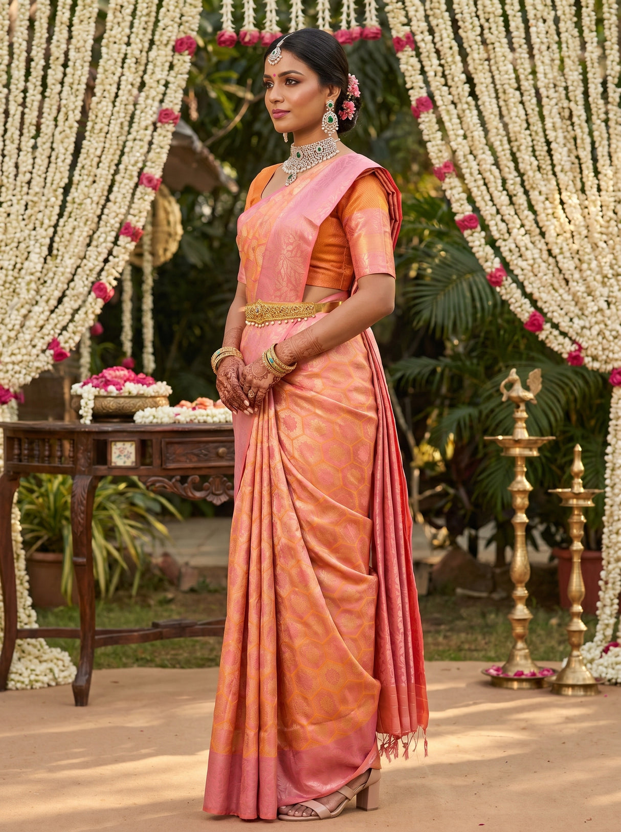 MIMOSA Peach Kanjivaram Art Silk Saree — Border and Body Detail