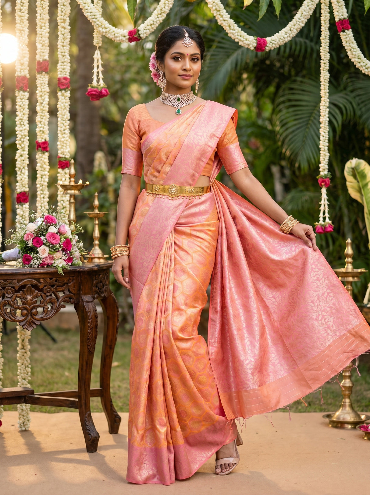 MIMOSA Peach Kanjivaram Art Silk Saree — pose 5 styling detail