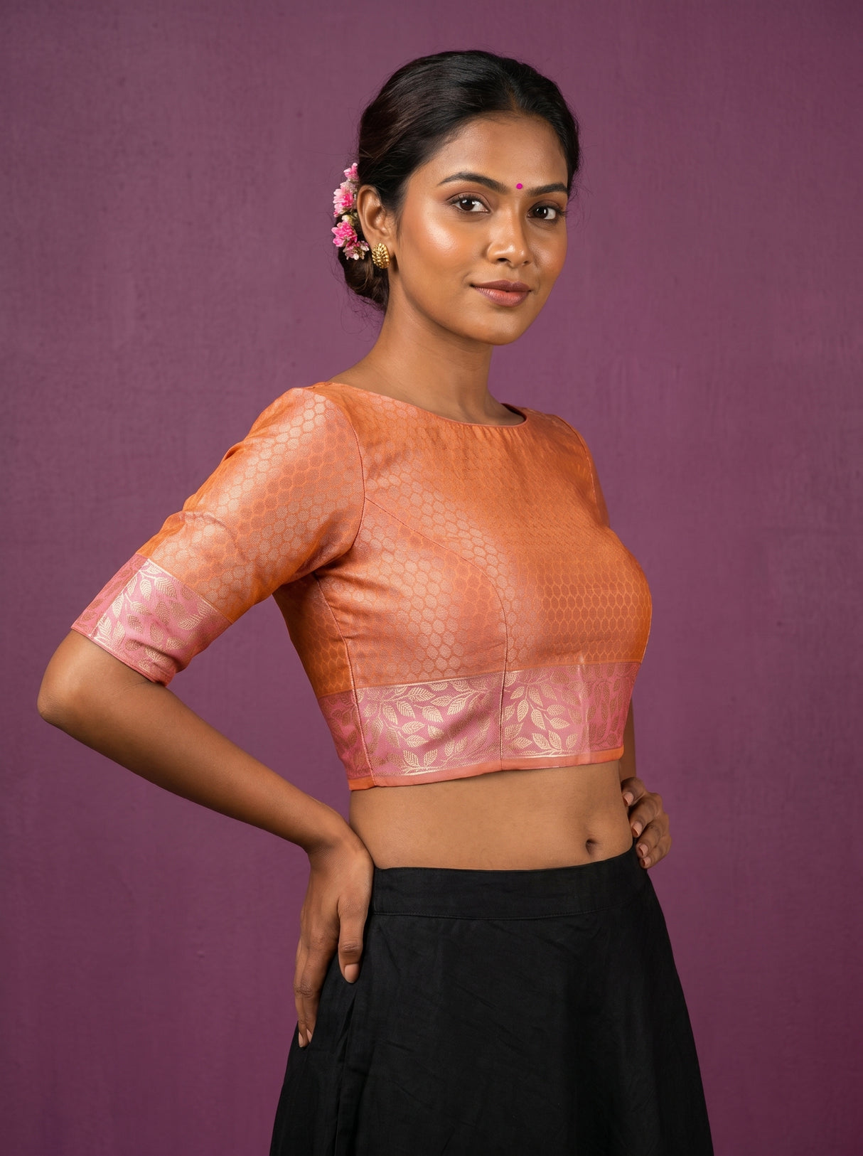 MIMOSA Peach Kanjivaram Art Silk Saree — blouse close-up