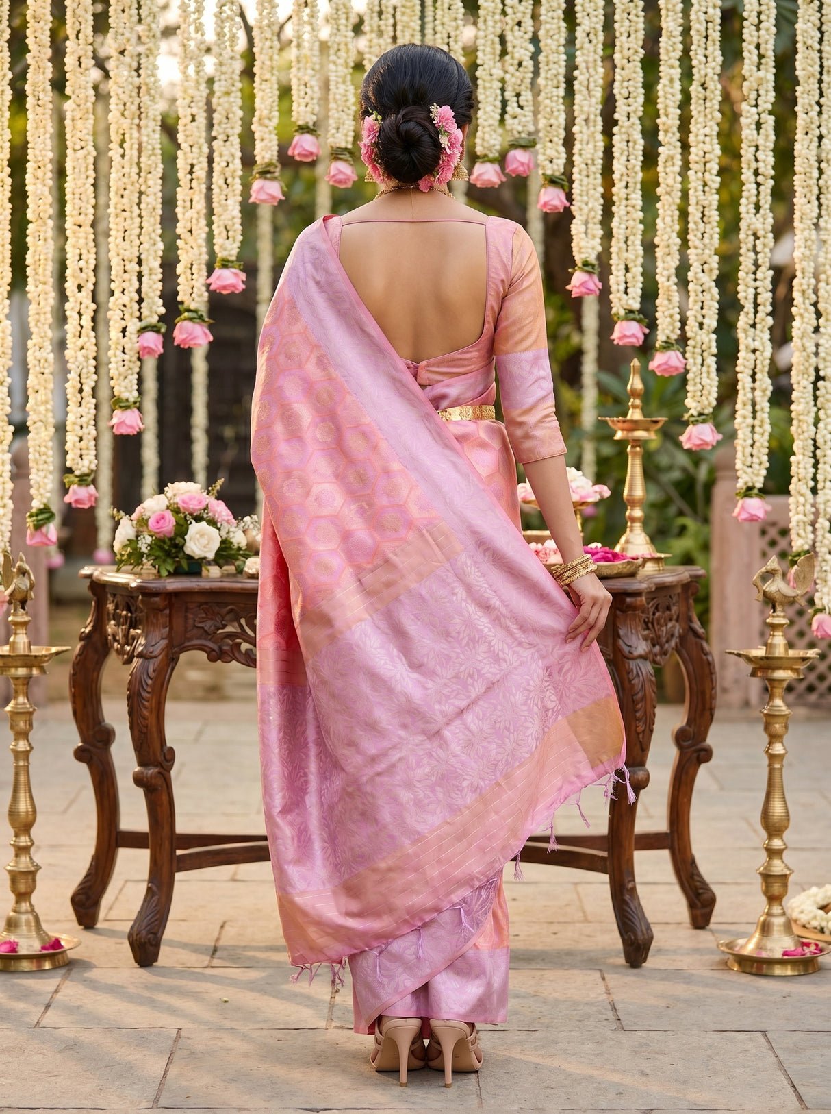 MIMOSA Pink Kanjivaram Art Silk Saree — Close-up of Pallu