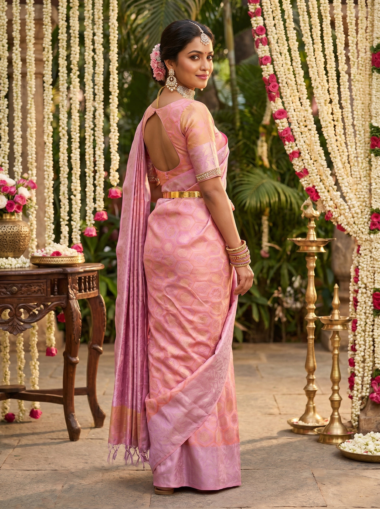 MIMOSA Pink Kanjivaram Art Silk Saree — pose 8 styling detail