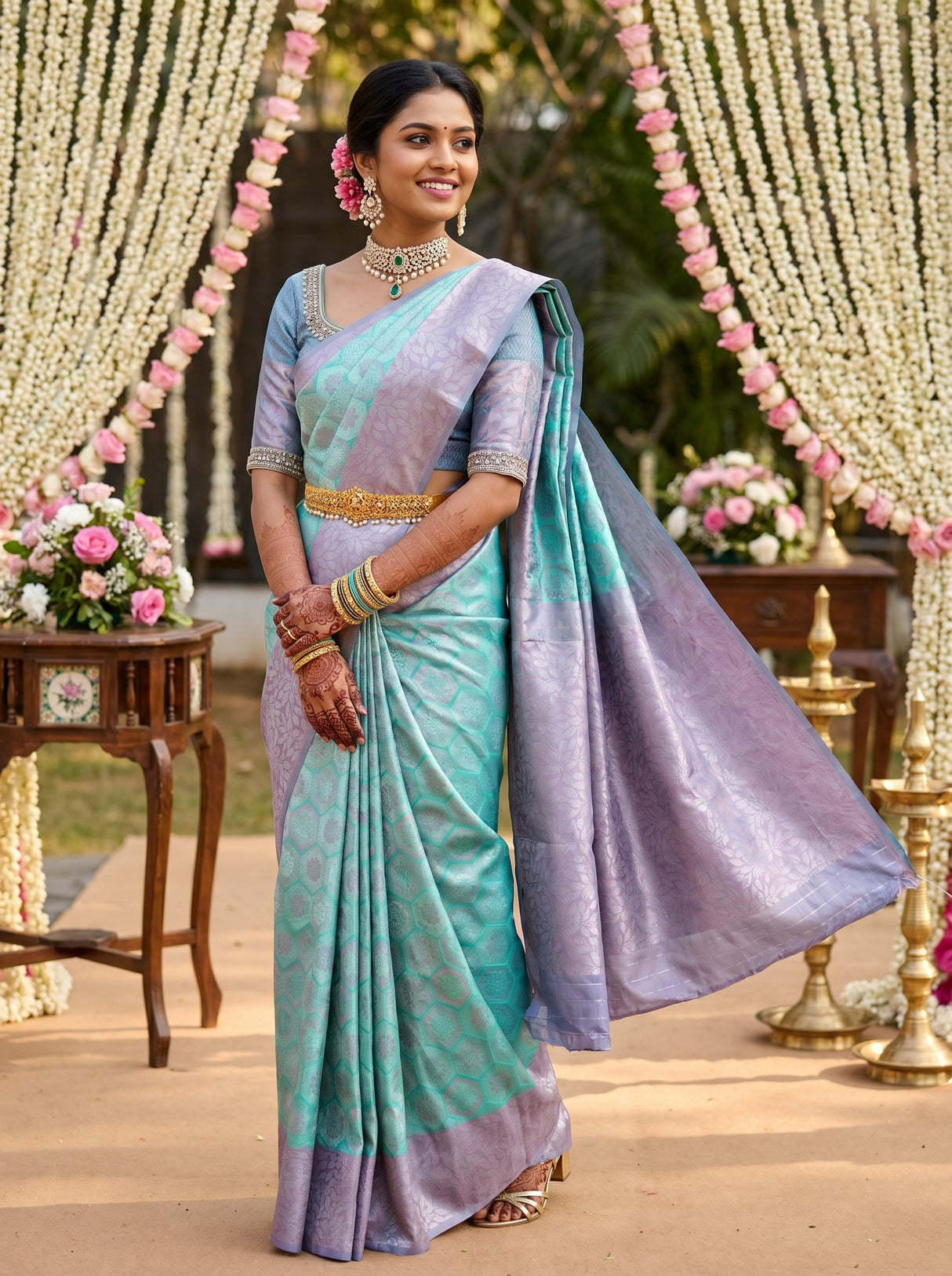 MIMOSA Rama Kanjivaram Art Silk Saree — Border and Body Detail