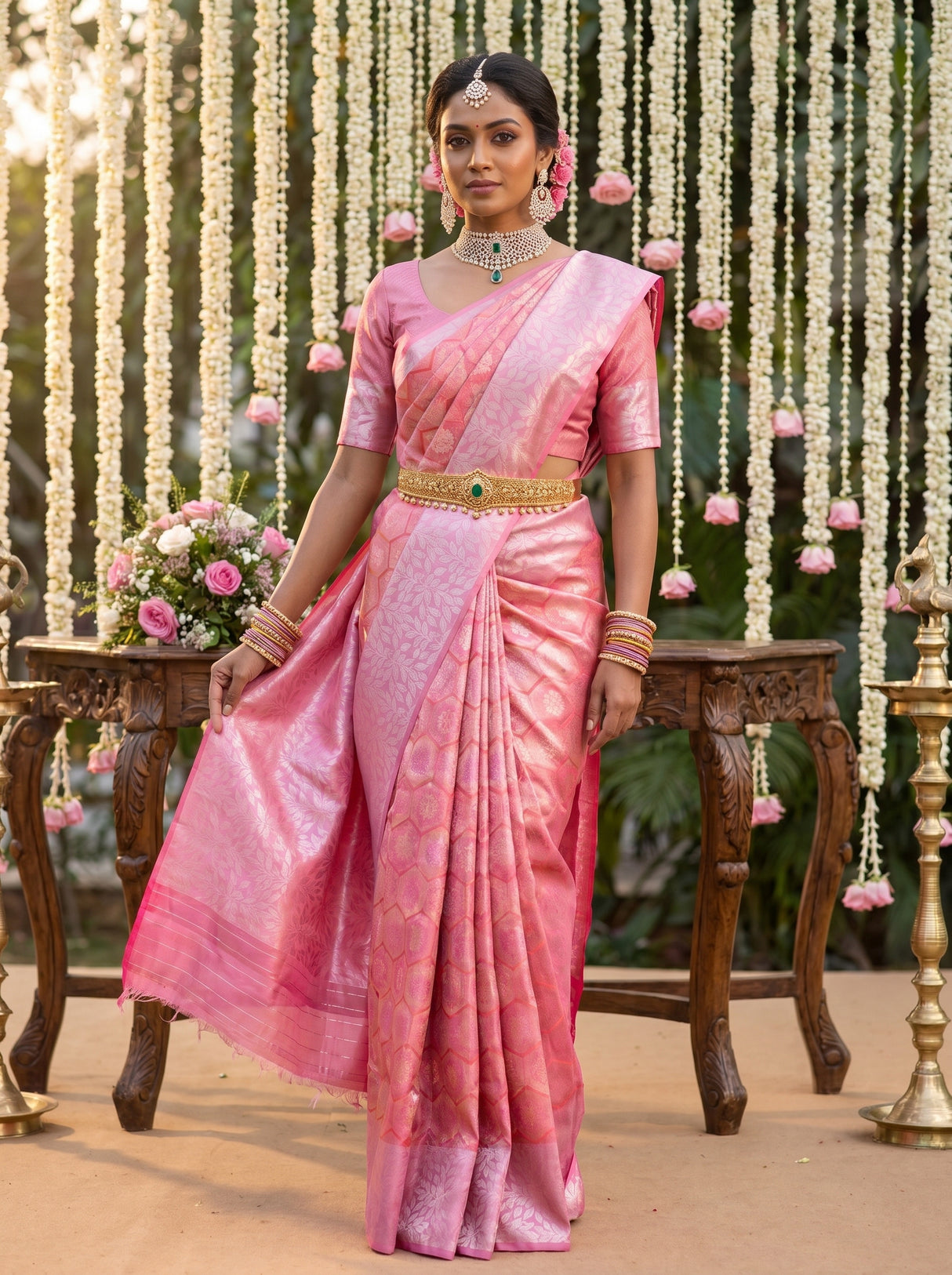 MIMOSA Strawberry Kanjivaram Art Silk Saree — pose 5 styling detail