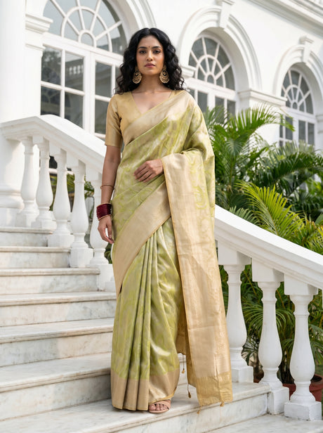 MIMOSA Olive Kanjivaram Art Silk Saree — Full View on Model