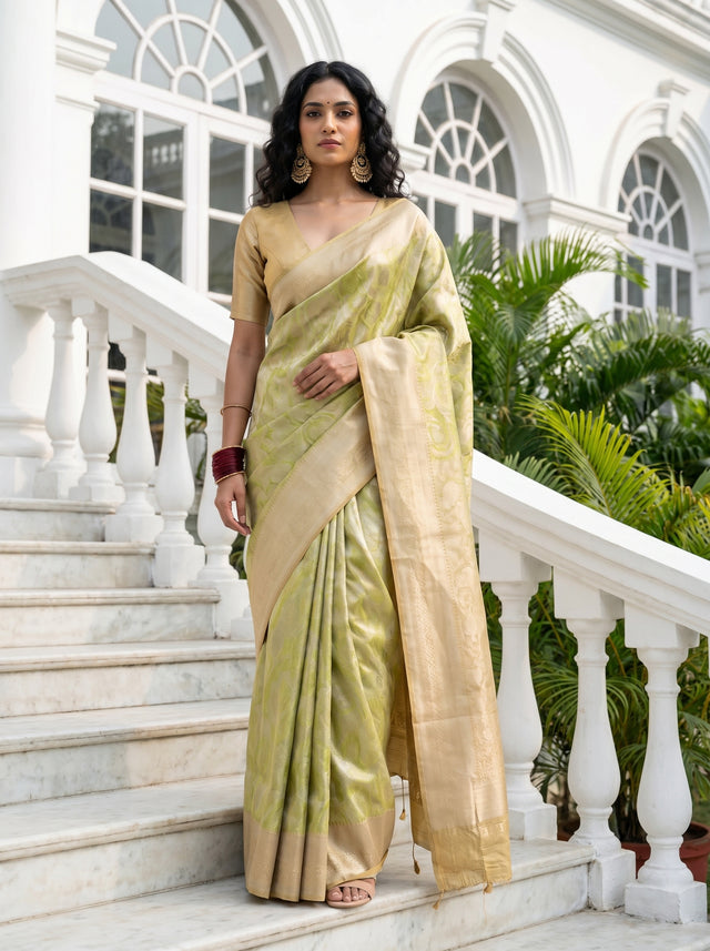 MIMOSA Olive Kanjivaram Art Silk Saree — Full View on Model