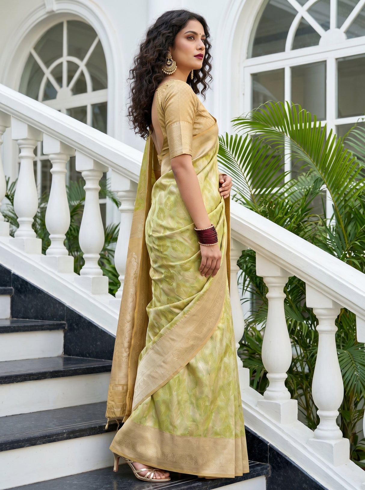 MIMOSA Olive Kanjivaram Art Silk Saree — Close-up of Face and Pallu