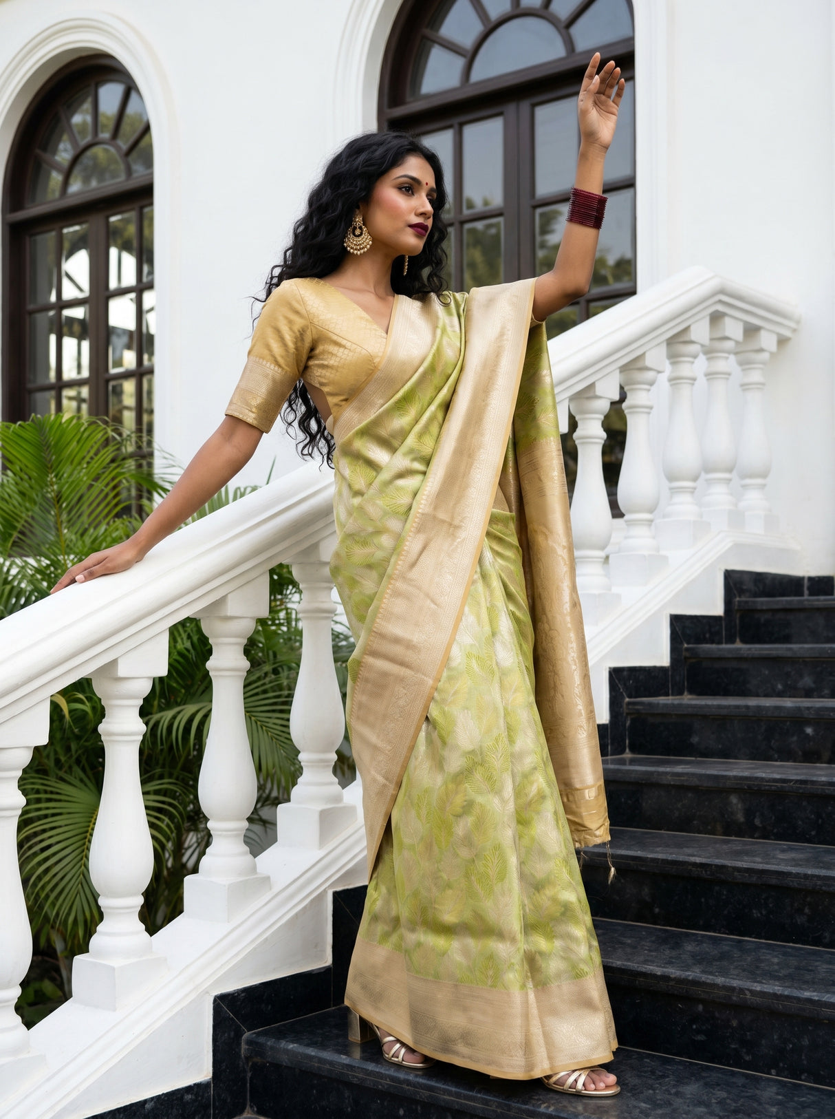 MIMOSA Olive Kanjivaram Art Silk Saree — Side View Showing Border Detail