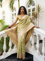 MIMOSA Olive Kanjivaram Art Silk Saree — Close-up of Body Fabric and Pattern