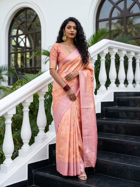MIMOSA Peach Kanjivaram Art Silk Saree — Full View on Model