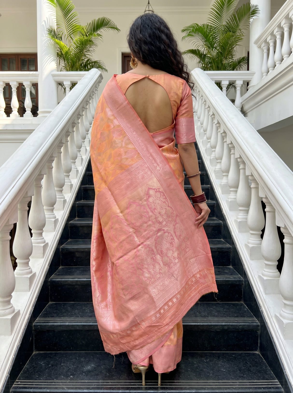 MIMOSA Peach Kanjivaram Art Silk Saree — Close-up of Face and Pallu