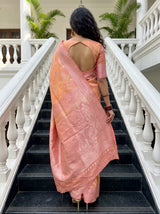MIMOSA Peach Kanjivaram Art Silk Saree — Close-up of Face and Pallu