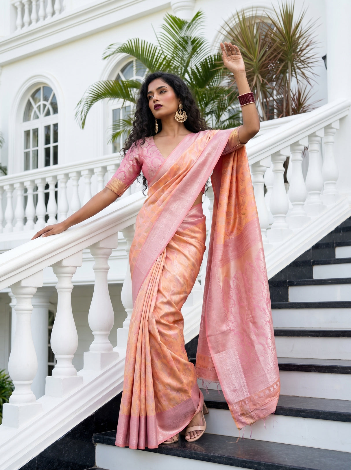 MIMOSA Peach Kanjivaram Art Silk Saree — Side View Showing Border Detail