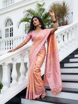 MIMOSA Peach Kanjivaram Art Silk Saree — Side View Showing Border Detail