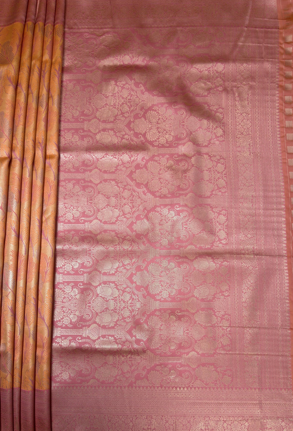 MIMOSA Peach Kanjivaram Art Silk Saree — pallu and zari work detail
