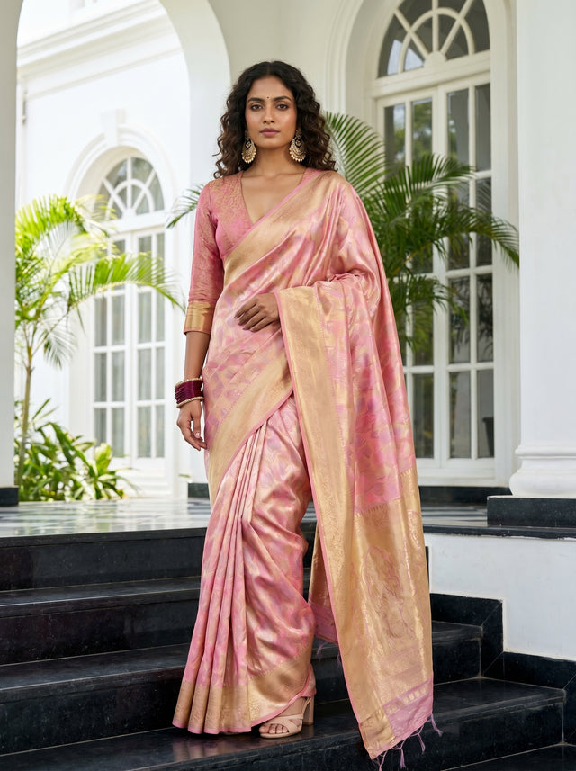 MIMOSA Pink Kanjivaram Art Silk Saree — Full View on Model