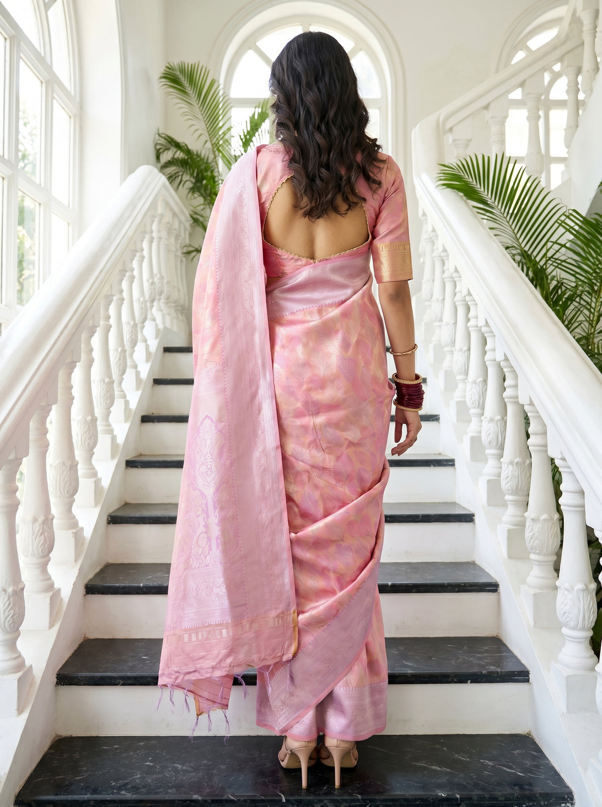 MIMOSA Pink Kanjivaram Art Silk Saree — Close-up of Face and Pallu