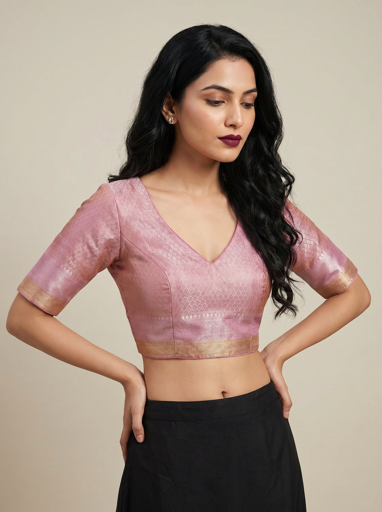 MIMOSA Pink Kanjivaram Art Silk Saree — blouse close-up
