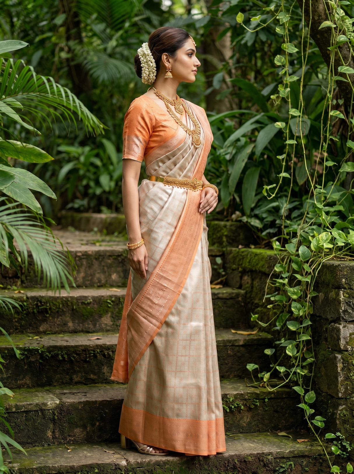 MIMOSA Chikoo Kanjivaram Art Silk Saree — Close-up of Face and Jewelry